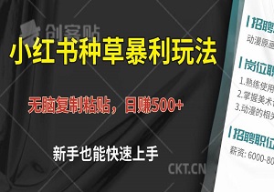 小红书种草暴利玩法，无脑复制粘贴，日赚500+，新手也能快速上手！-二八网赚