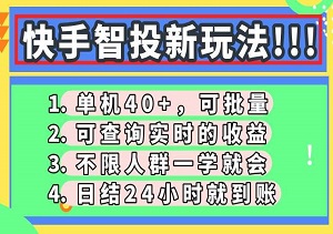快手智投新玩法，单机日入40+，可批量，可查询实时收益，收益日结24小时结算-二八网赚