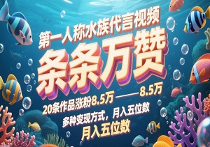 第一人称水族代言视频，条条万赞，20条作品涨粉8.5万，多种变现方式月，入五位数-二八网赚
